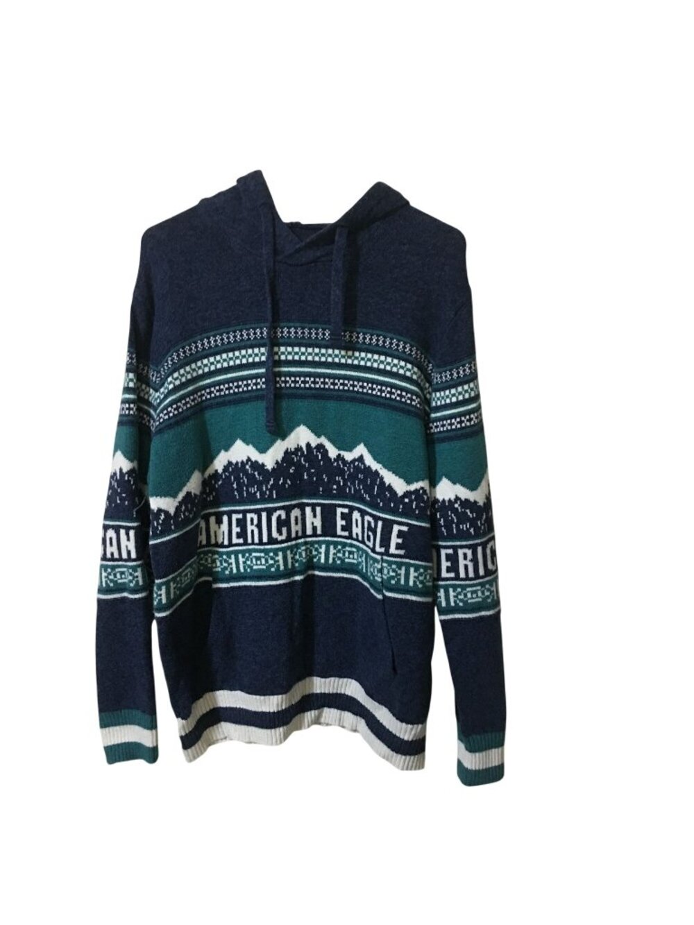 VINTAGE AMERICAN EAGLE KNIT SWEATER BLUE MOUNTAIN HOODIE MENS LARGE